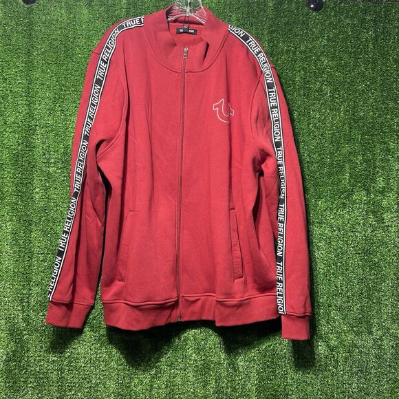 True Religion Track Jacket Mens 3XL Red Dahlia Logo Trim Fleece Streetwear NWT - Picture 1 of 6